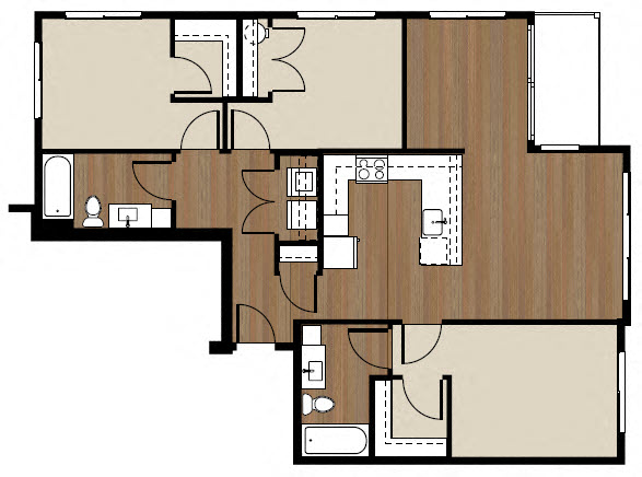 Floor plan for 3 beds, 2 baths, 1143 sqft